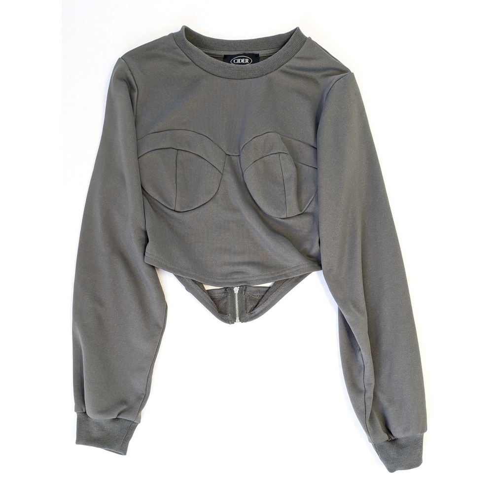 Cider Gray Corset Bustier Crop Top Sweatshirt Cutout Back Detail Womens Medium